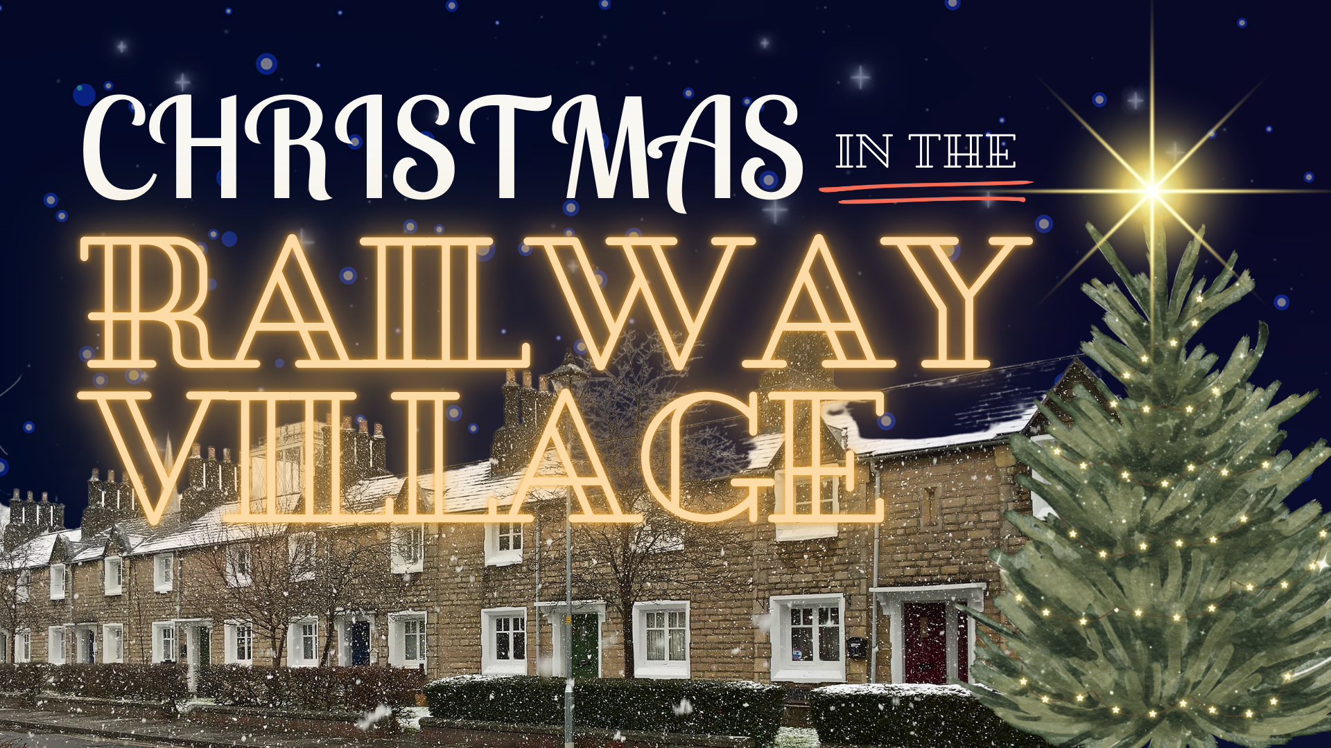 A row of cottages in Swindon Railway Village is covered in snow on a stary night; ready for christmas.