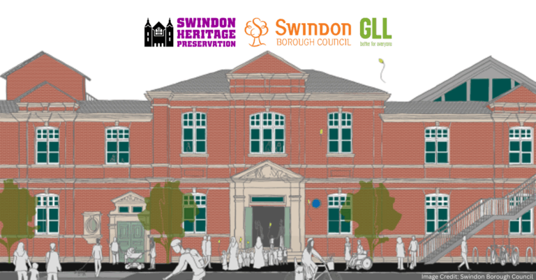 A drawing of the Health Hydro buildings with the: Swindon Borough Council Log, Swindon Heritage Preservation Logo and GLL Logo