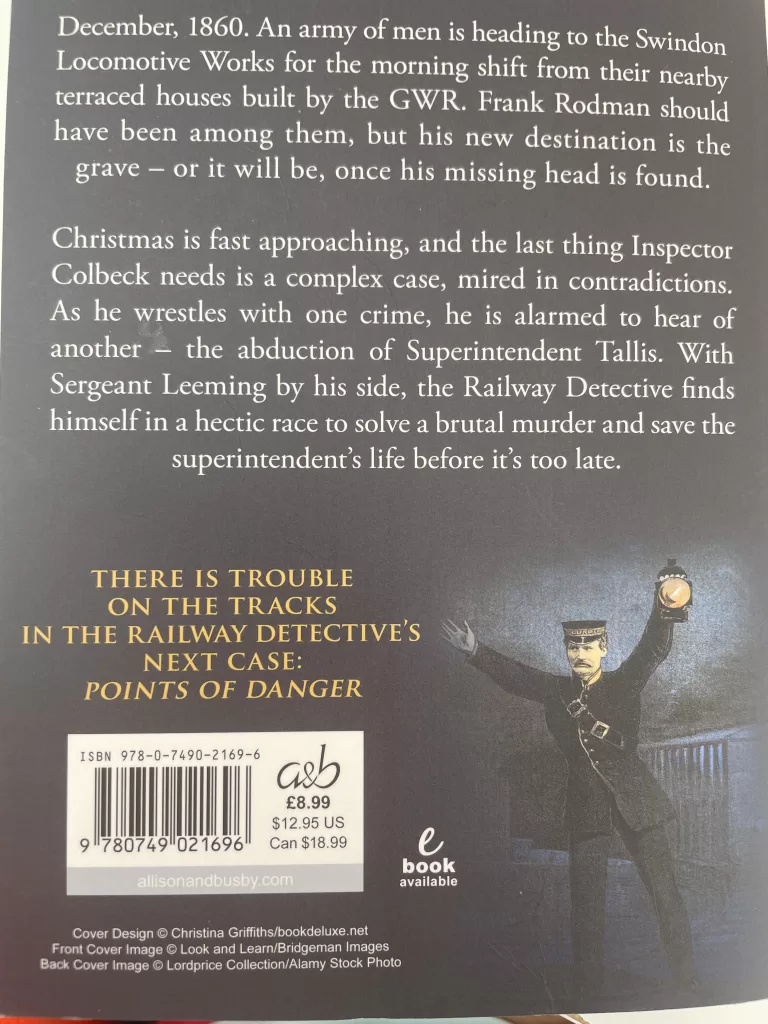Back cover of a Christmas Railway Mystery by Edward Marston