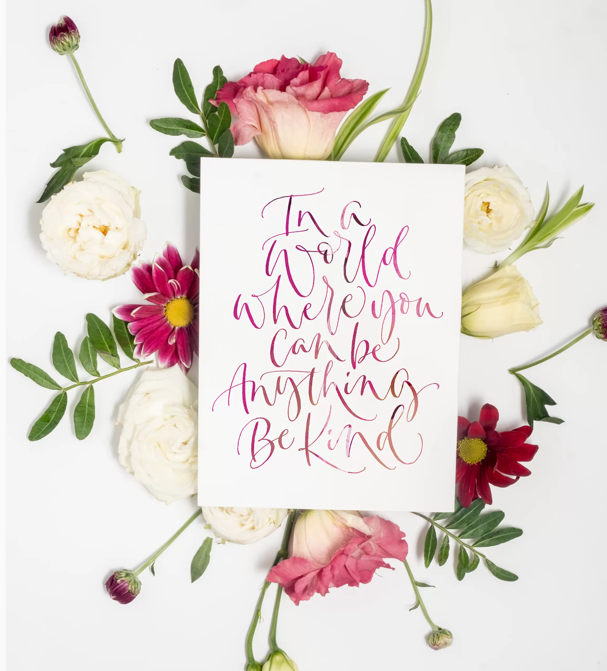 Floral poster with the quote "In a world you can be anything, be kind. Creative Calligraphy Workshop-Beginners Pointed Nib Workshop.